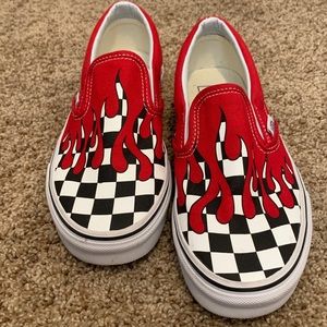 Red flame checkerboard slip on vans
